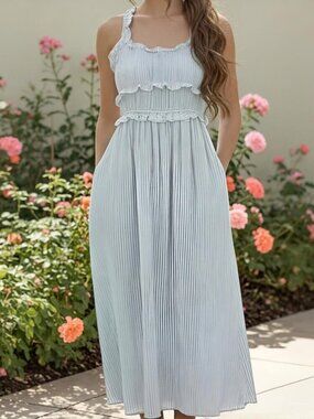 Cotton Linen Seersucker Halter Midi Dress Pockets Blue White M NWT